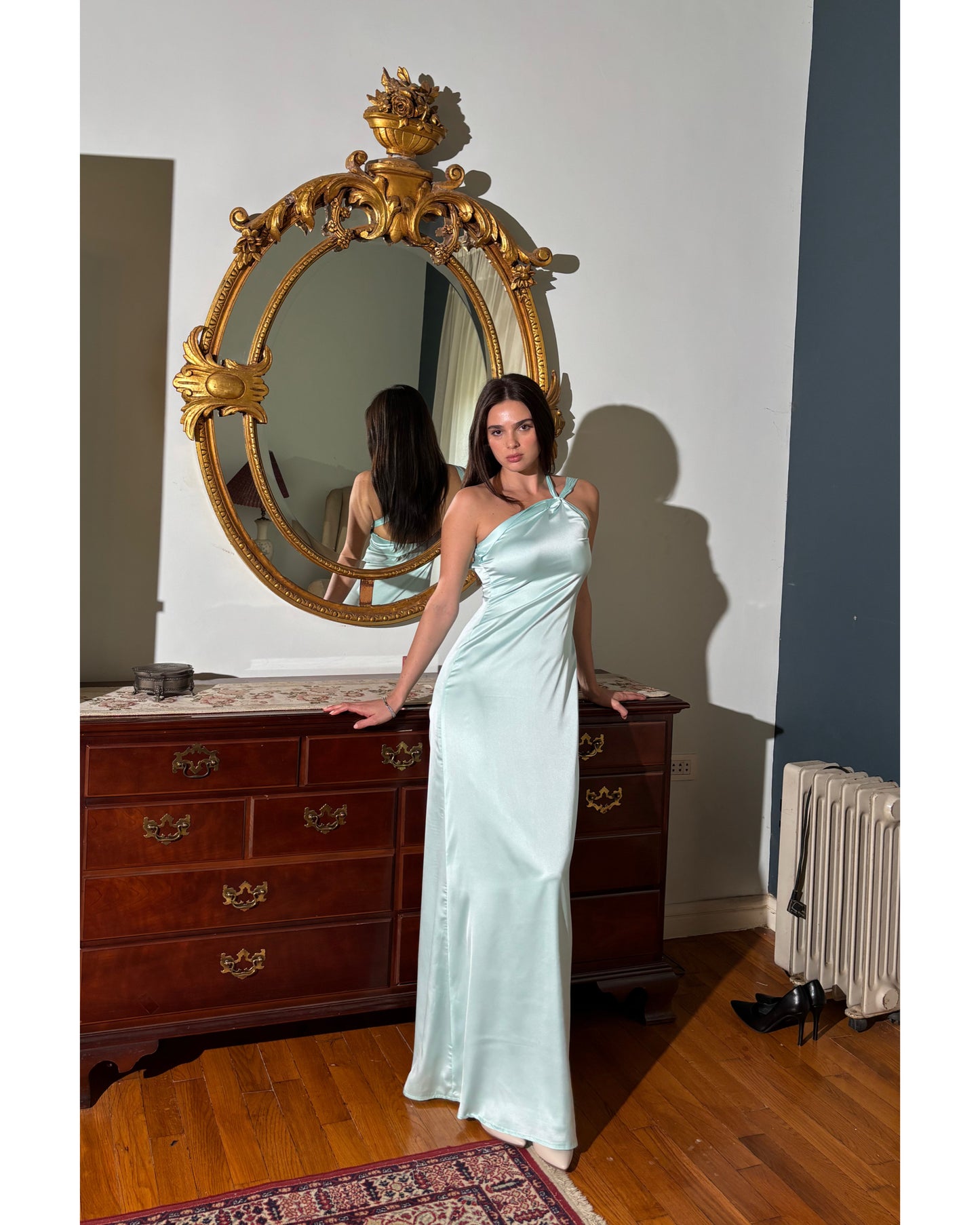 The Double Wear Aphrodite Satin Dress in Aqua