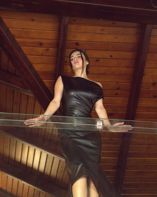 The Sculpting Leather Dress in Chocolate Brown