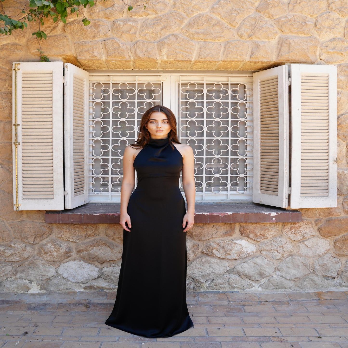 Celine Satin Dress in Midnight Black