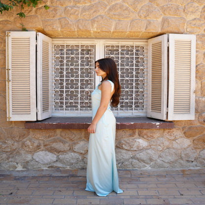 The Double Wear Aphrodite Satin Dress in Aqua