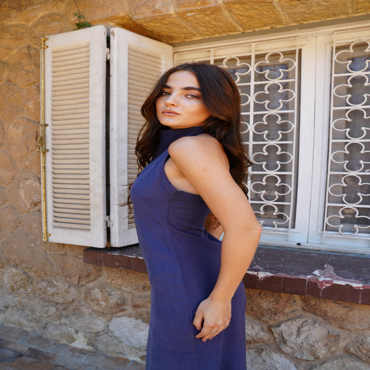 Aurora Halter Dress in Midnight Blue