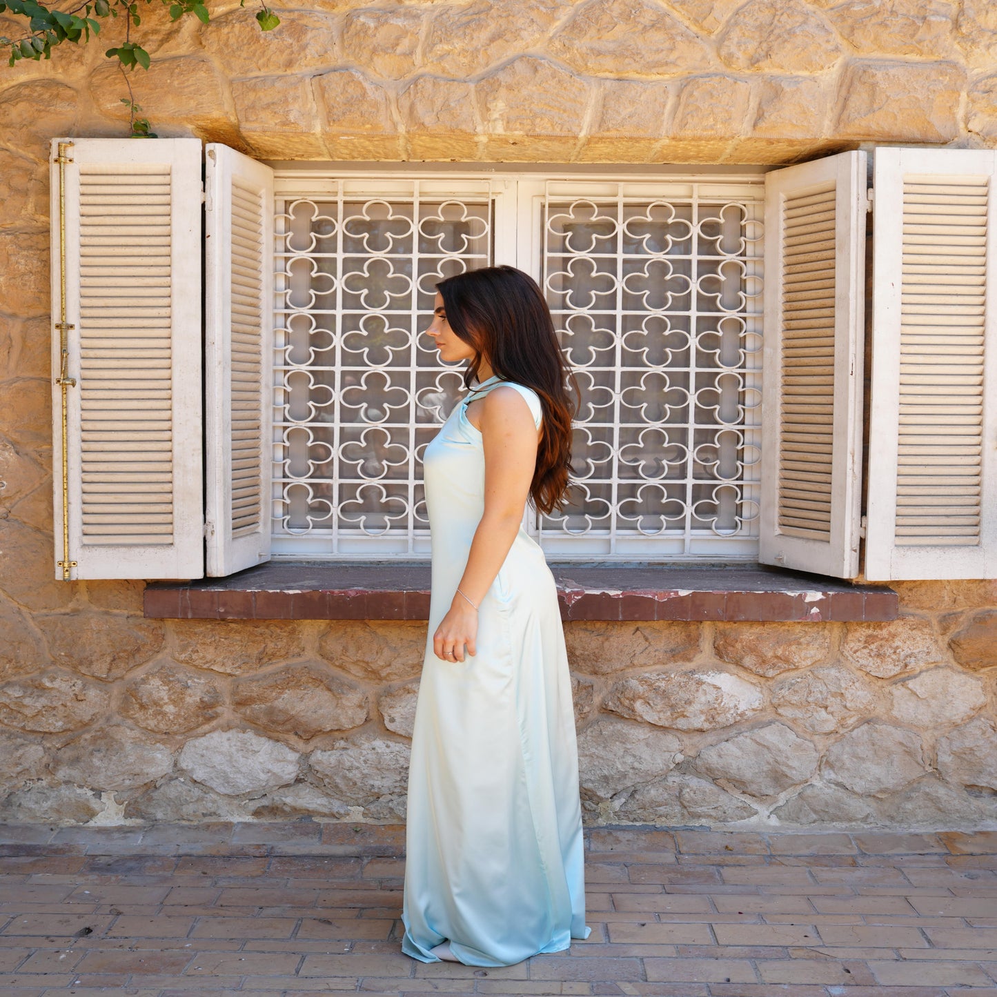 The Double Wear Aphrodite Satin Dress in Aqua