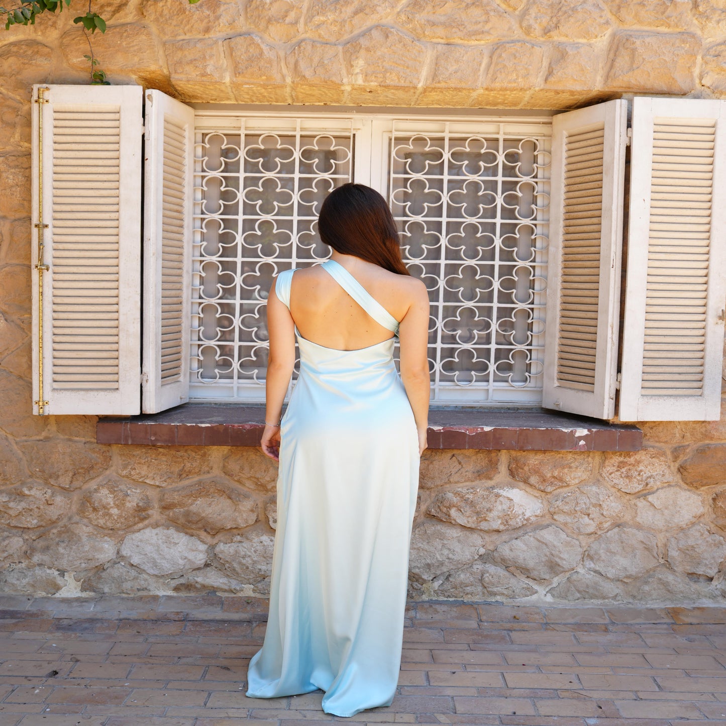 The Double Wear Aphrodite Satin Dress in Aqua