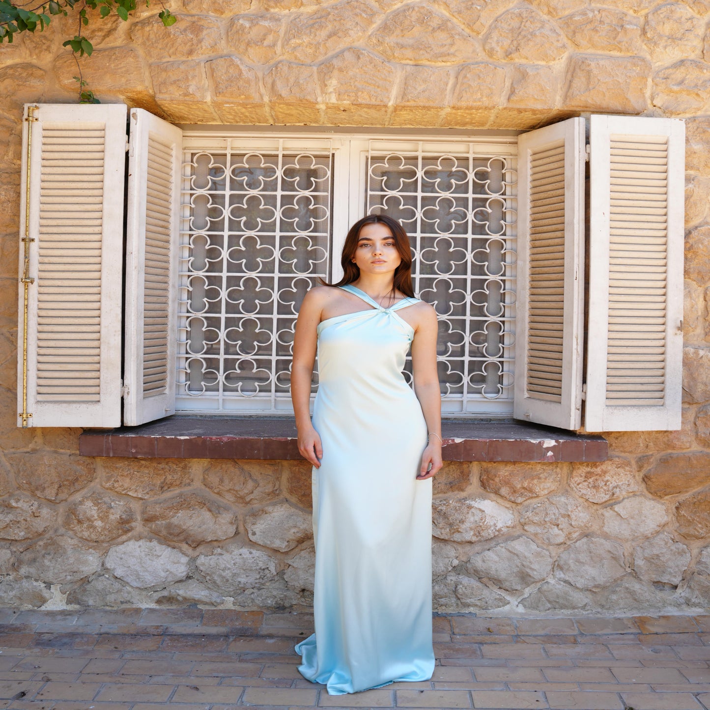 The Double Wear Aphrodite Satin Dress in Aqua
