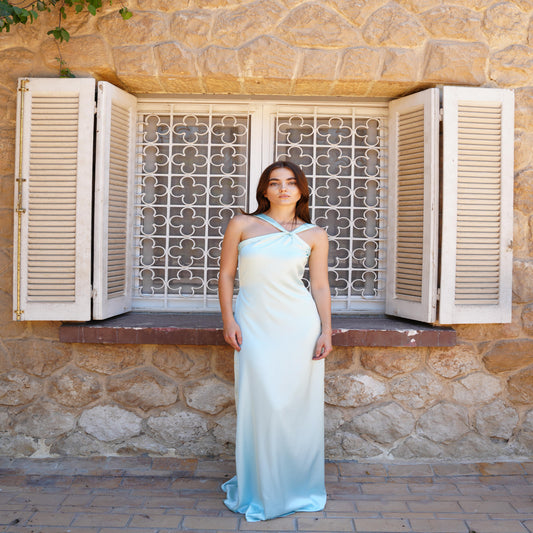 The Double Wear Aphrodite Satin Dress in Aqua