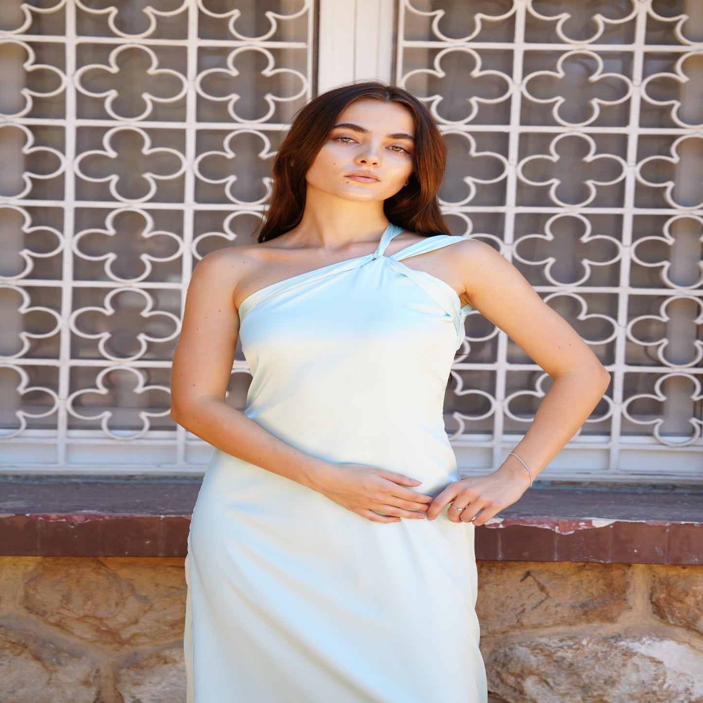 The Double Wear Aphrodite Satin Dress in Aqua