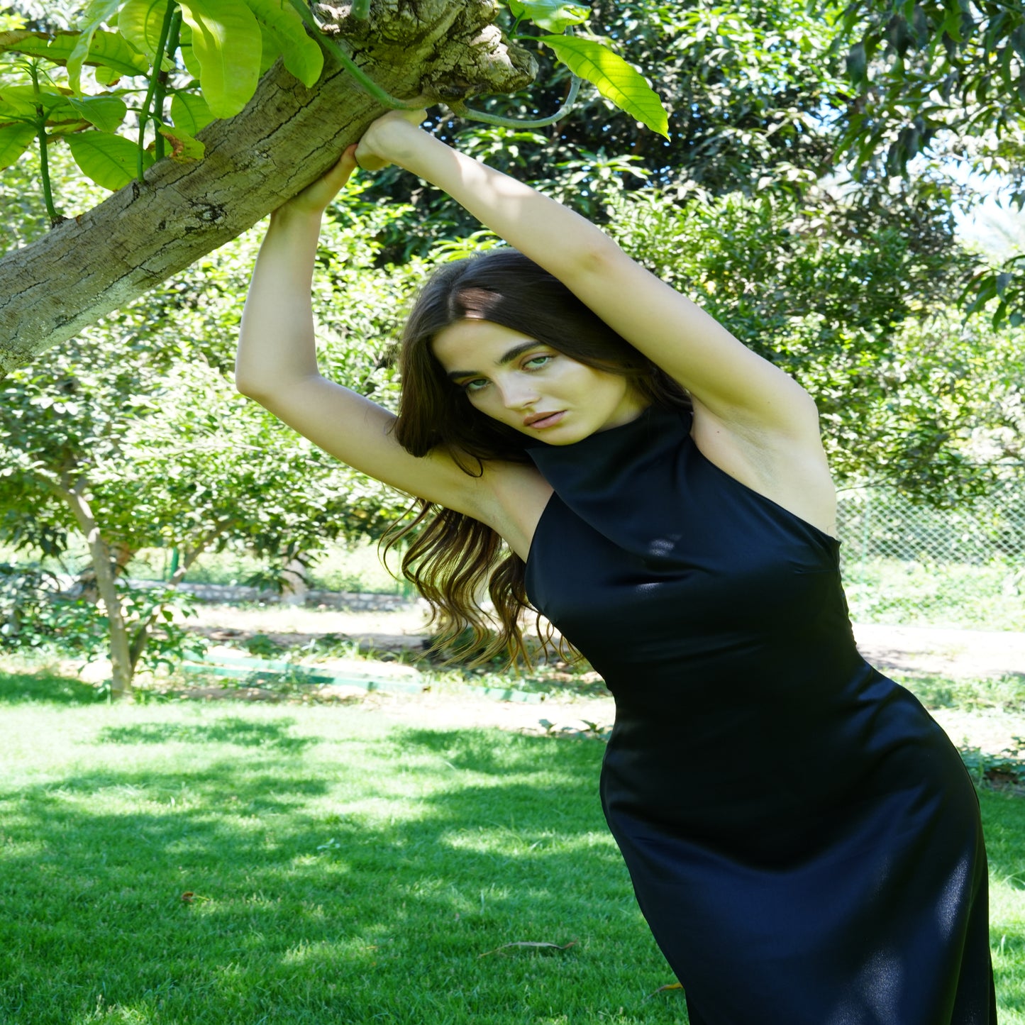 Celine Satin Dress in Midnight Black