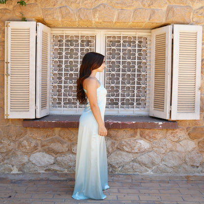 The Double Wear Aphrodite Satin Dress in Aqua