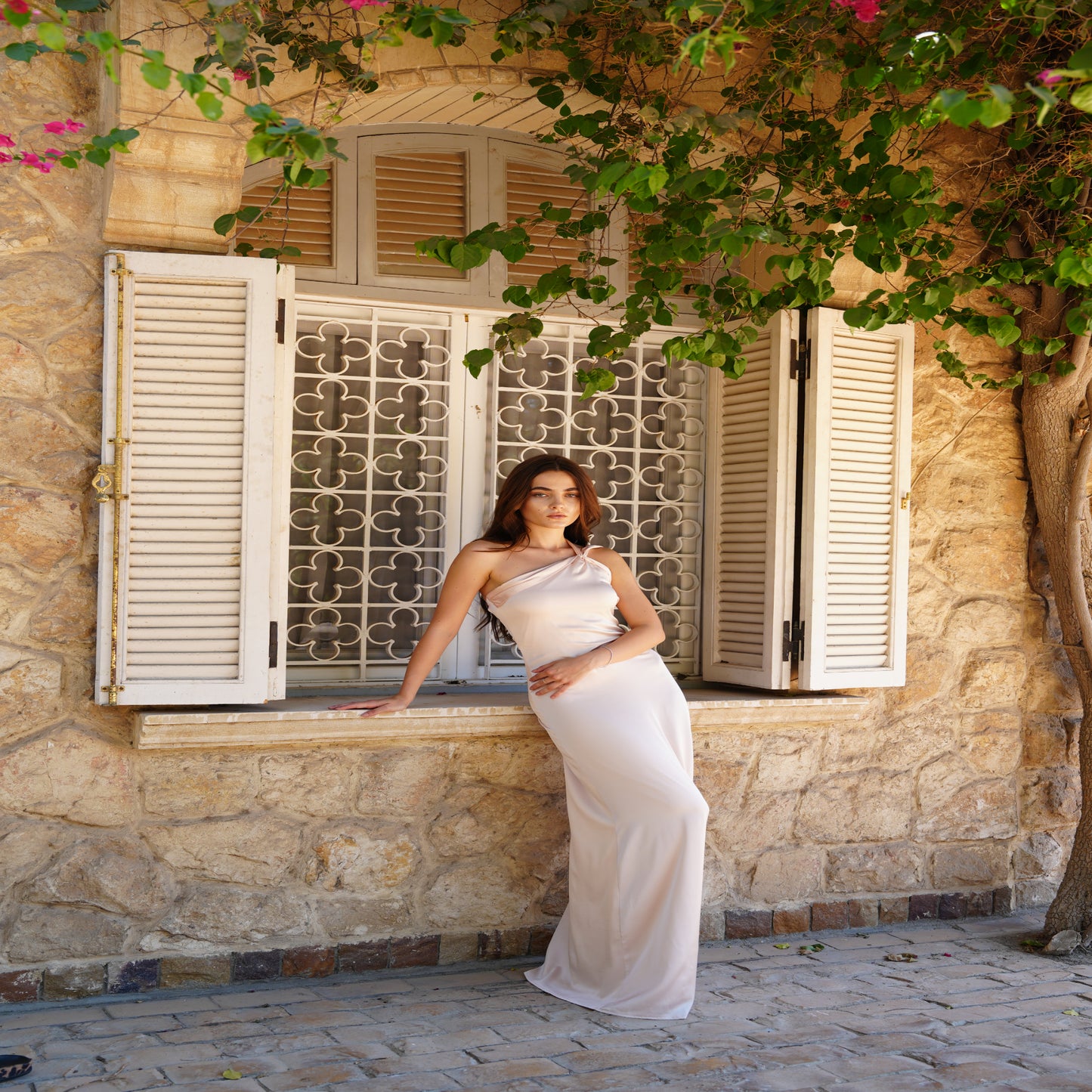 The Double Wear Aphrodite Satin Dress in Pearl