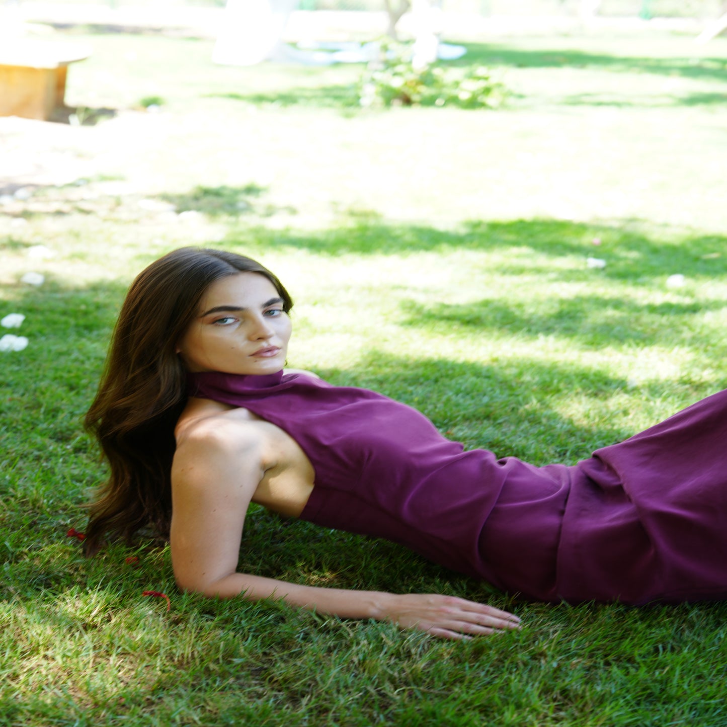 Aurora Halter Dress in Mulberry