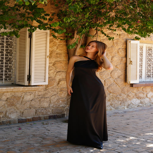 The Double Wear Aphrodite Satin Dress in Black