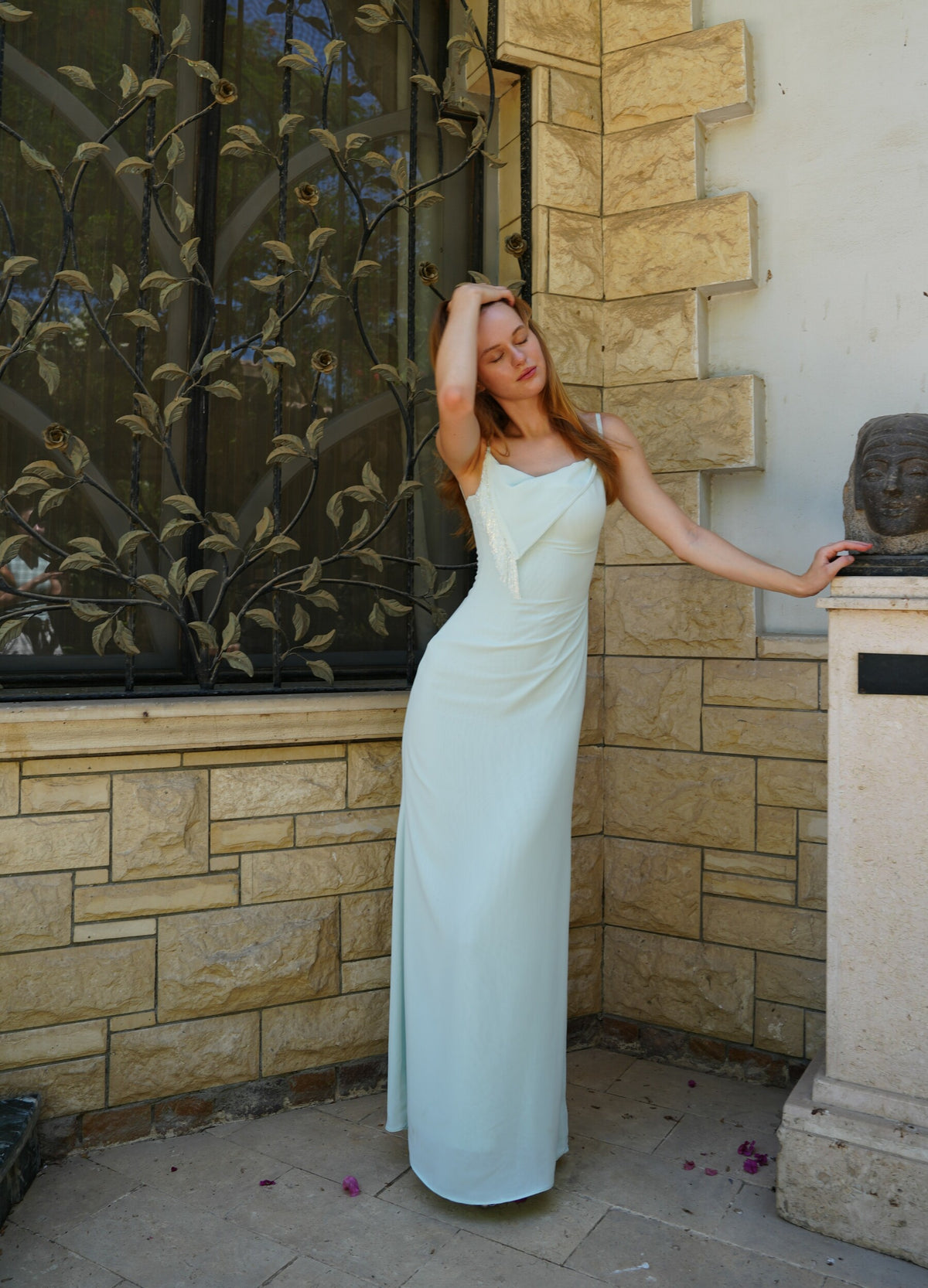 The Anniversary Dress with Handmade Dangling Embroidery in Mentha