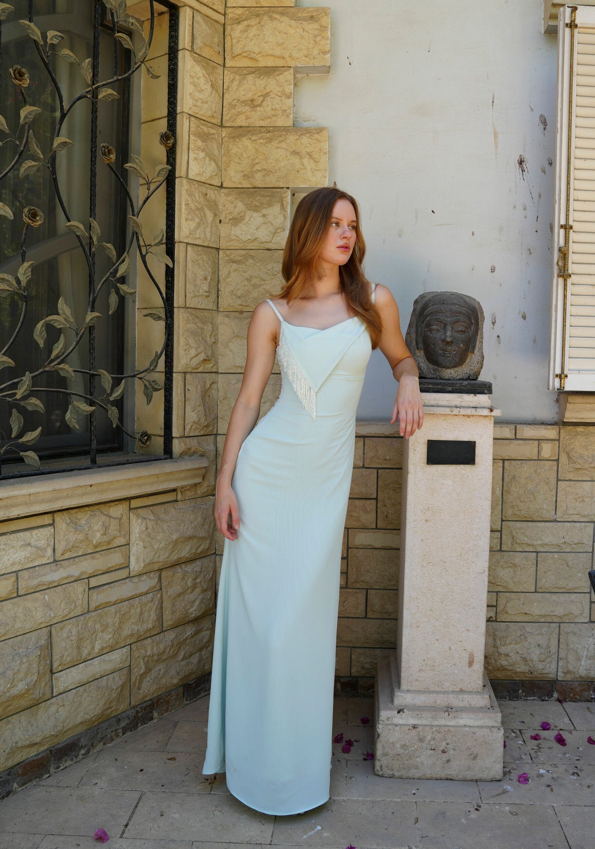 The Anniversary Dress with Handmade Dangling Embroidery in Mentha