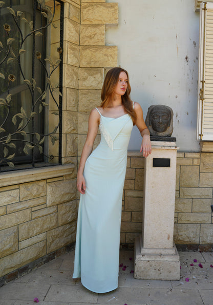 The Anniversary Dress with Handmade Dangling Embroidery in Mentha