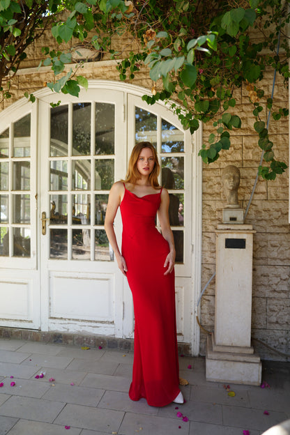 The Muse Dress with Removable Shoulder Flower Attachment in Red Rose