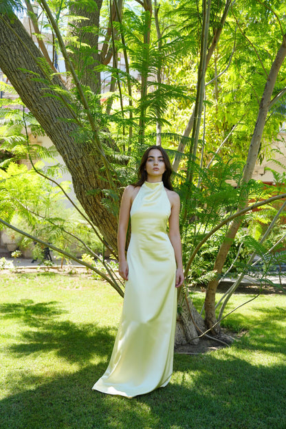 Celine Satin Dress in Butter Yellow