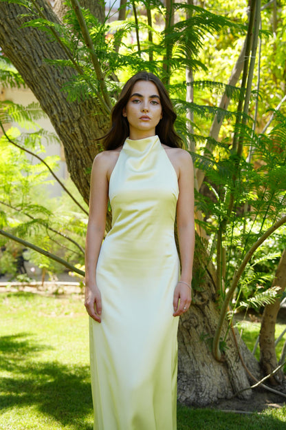 Celine Satin Dress in Butter Yellow
