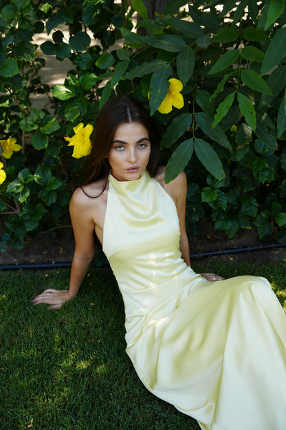 Celine Satin Dress in Butter Yellow
