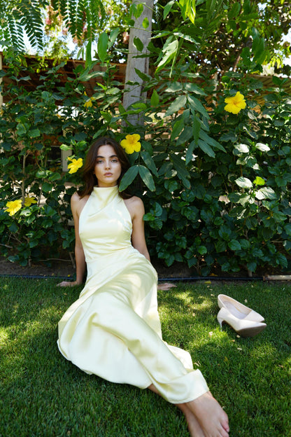 Celine Satin Dress in Butter Yellow