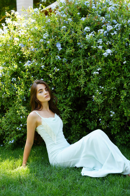 The Anniversary Dress with Handmade Dangling Embroidery in Mentha