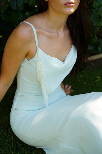 The Anniversary Dress with Handmade Dangling Embroidery in Mentha