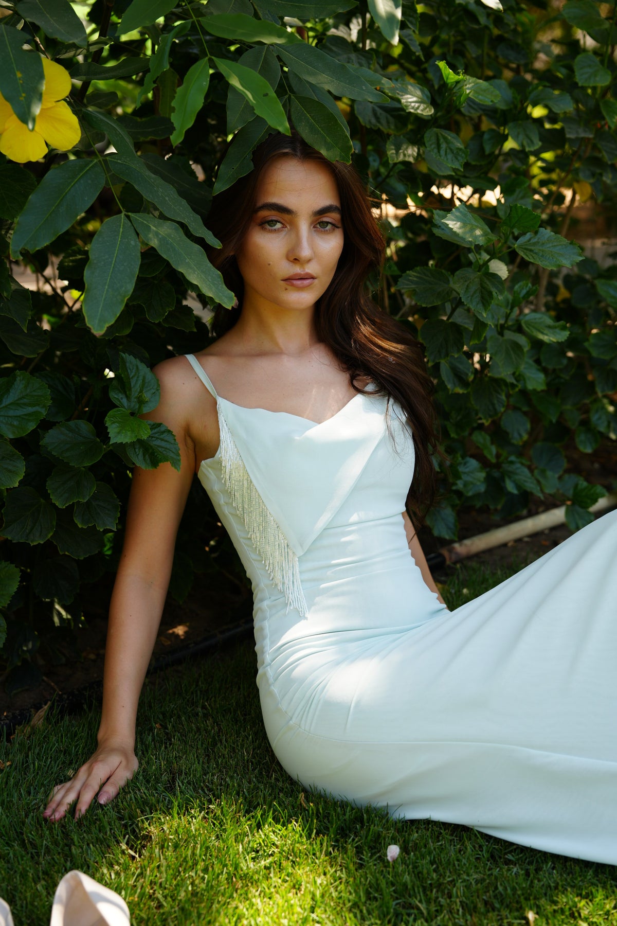 The Anniversary Dress with Handmade Dangling Embroidery in Mentha