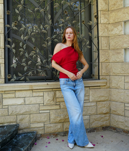 The Off-Shoulder Linen Top in Red