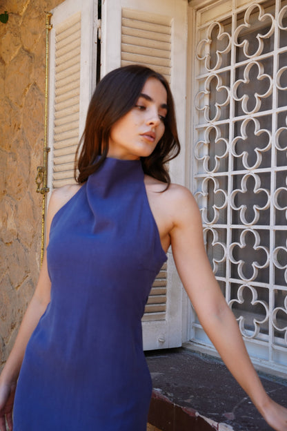 Aurora Halter Dress in Midnight Blue