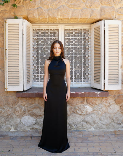 Celine Satin Dress in Midnight Black