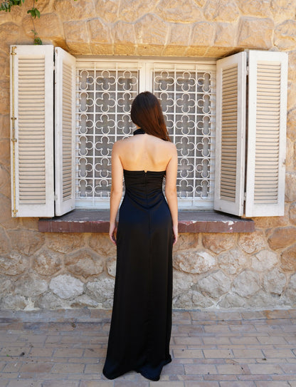 Celine Satin Dress in Midnight Black