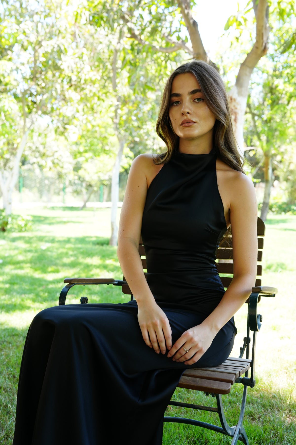 Celine Satin Dress in Midnight Black