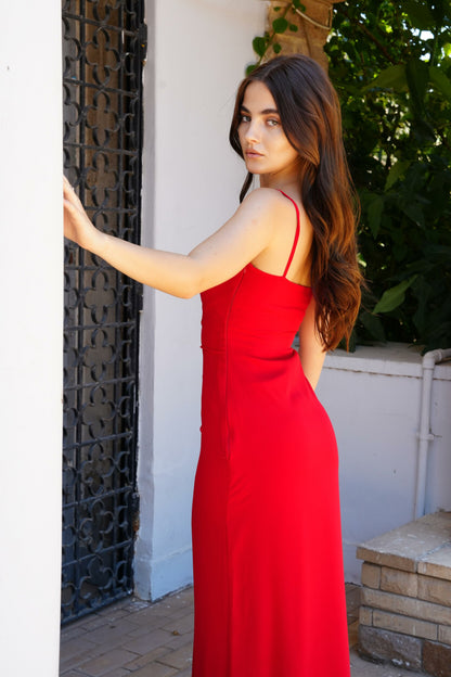 The Muse Dress with Removable Shoulder Flower Attachment in Red Rose