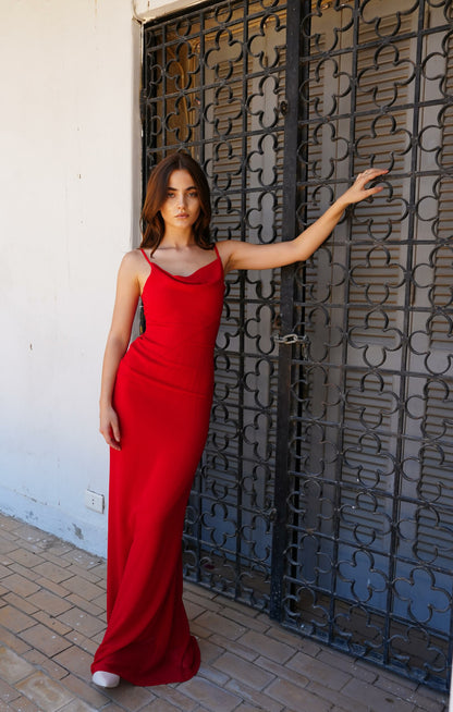 The Muse Dress with Removable Shoulder Flower Attachment in Red Rose