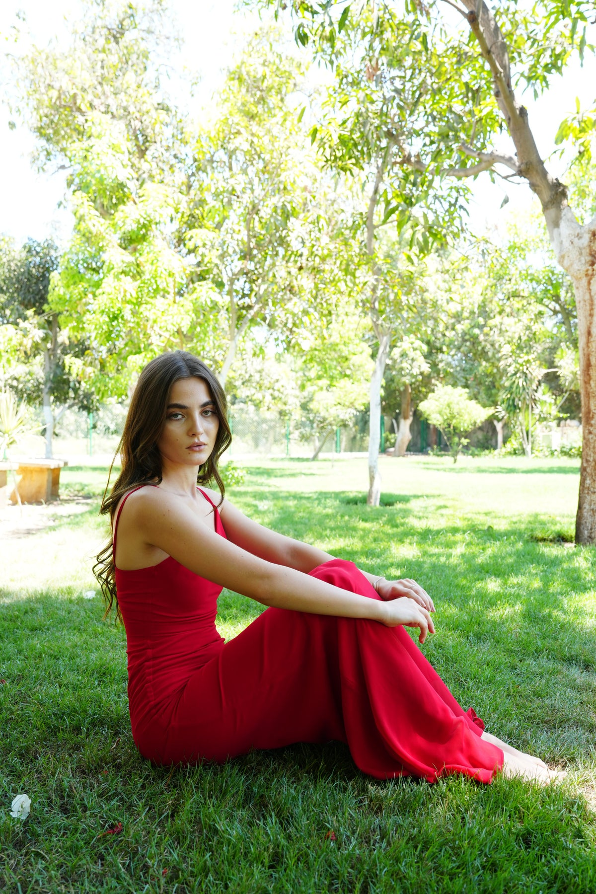 The Muse Dress with Removable Shoulder Flower Attachment in Red Rose