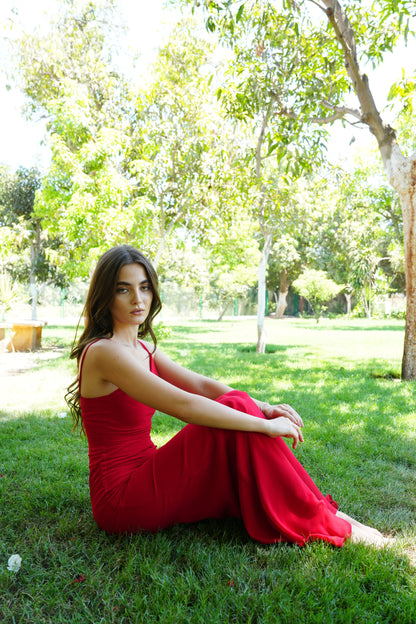 The Muse Dress with Removable Shoulder Flower Attachment in Red Rose