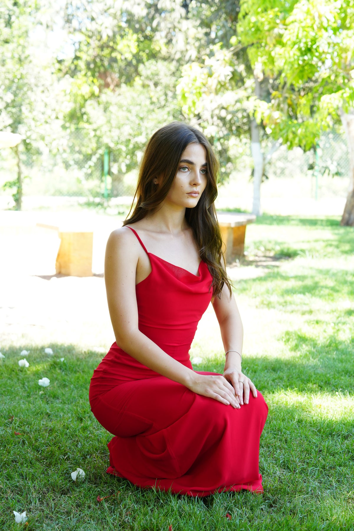 The Muse Dress with Removable Shoulder Flower Attachment in Red Rose